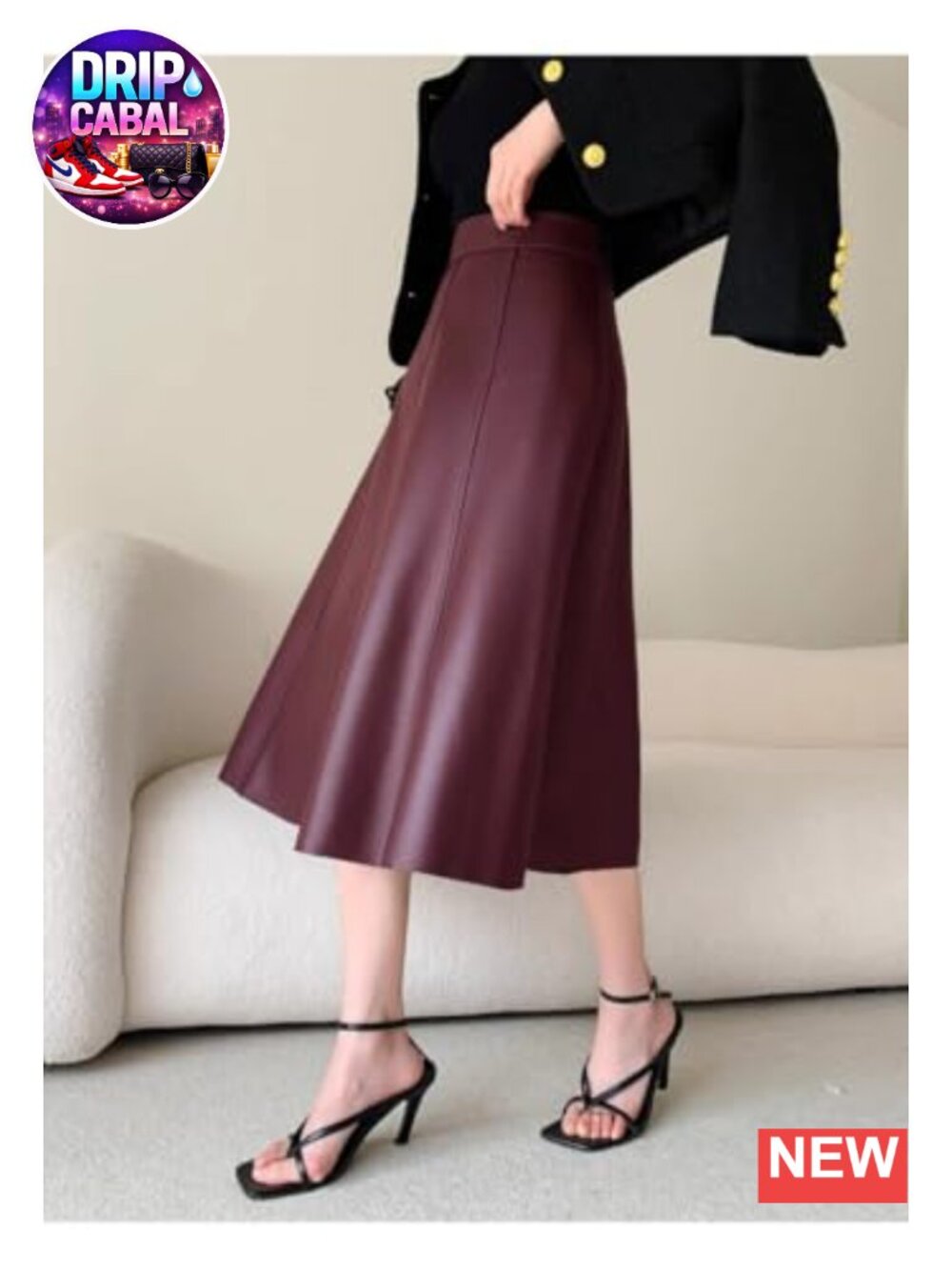 Women's High Waisted A-Line Midi Faux Leather Skirt with Ruffled Hem - Picture 2 of 6